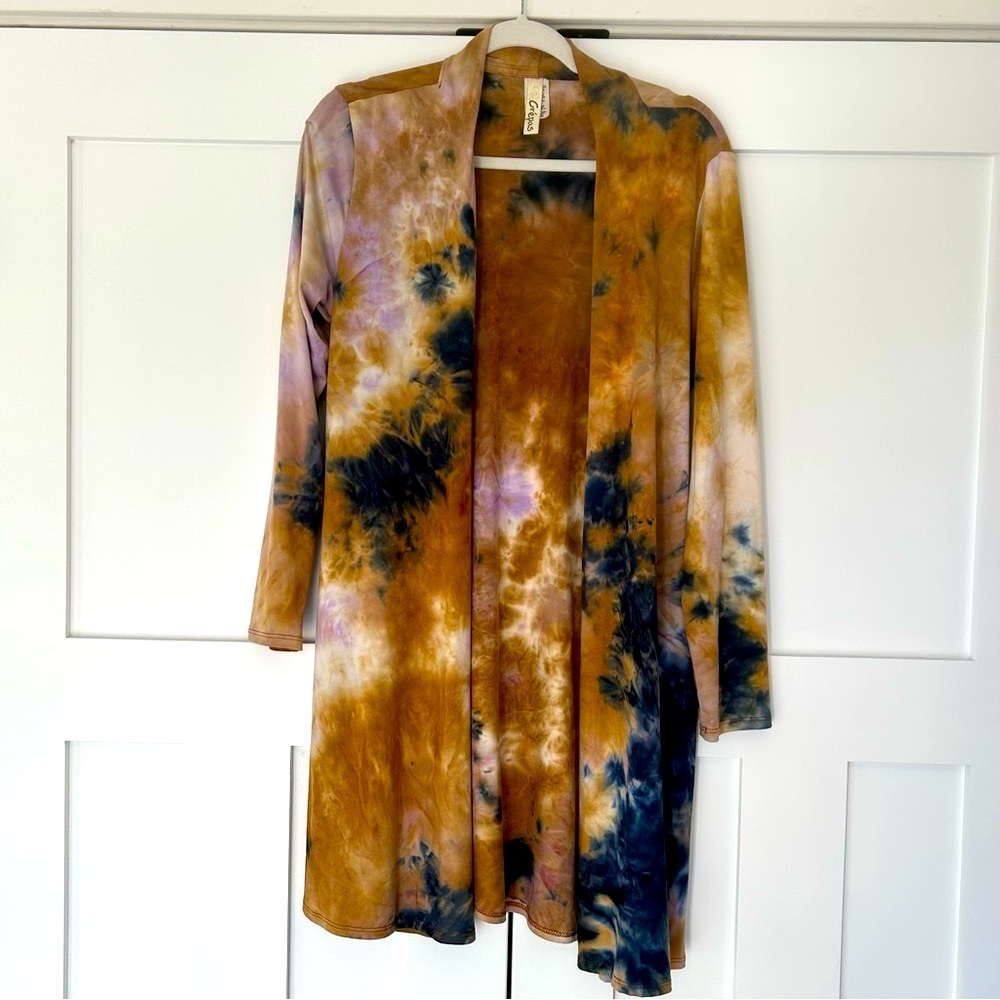 290. Crepes Tie Dye Open Front Long Sleeve Cardigan with Pockets